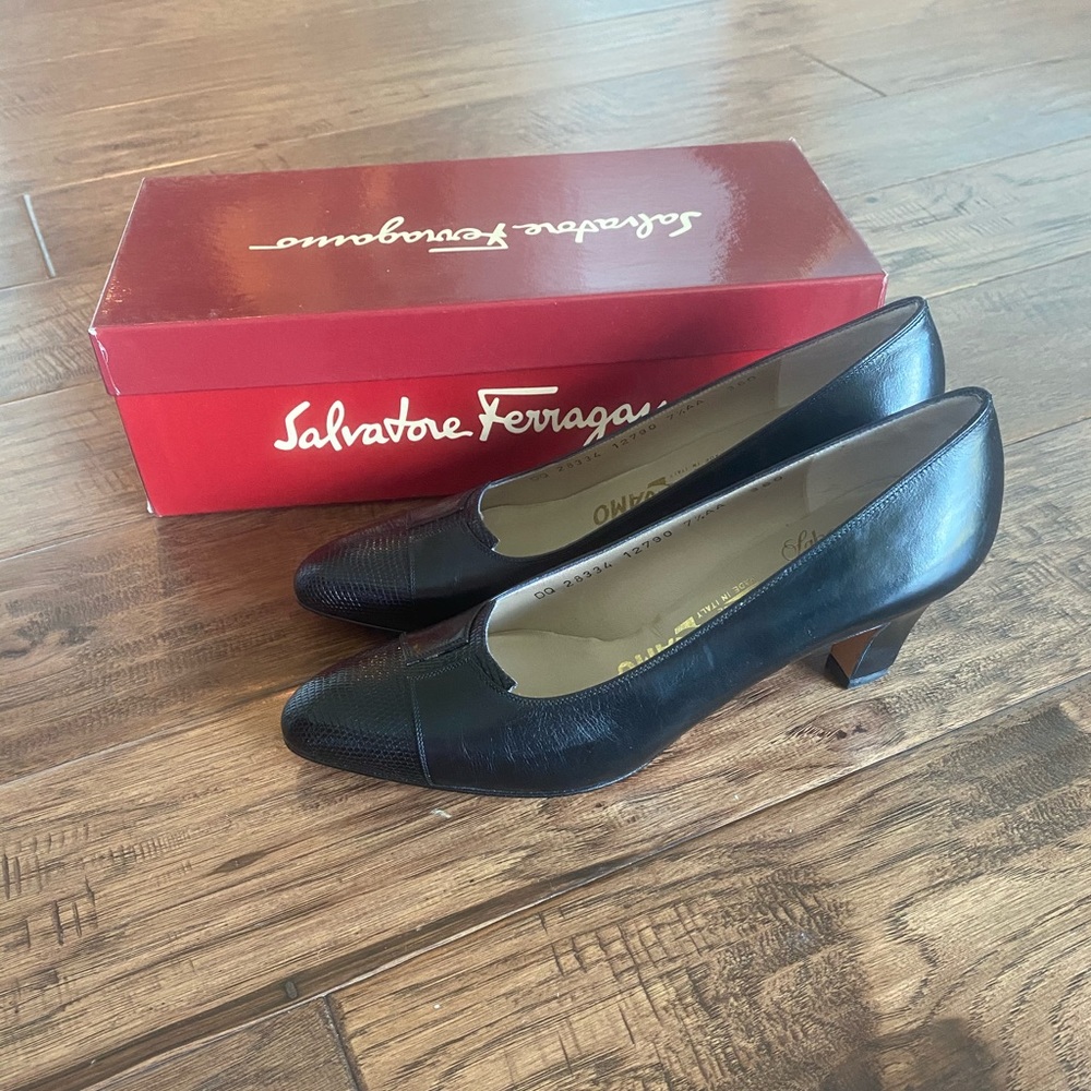 Vintage Black Ferragamo Heels Brand New w Box